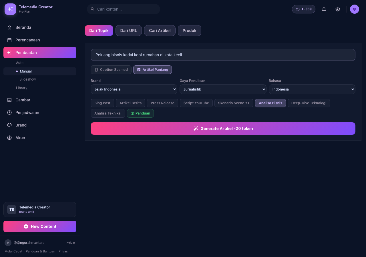 Input: tulis topik, pilih Artikel Panjang, pilih salah satu dari 8 format (contoh: Analisa Bisnis), lalu Generate.